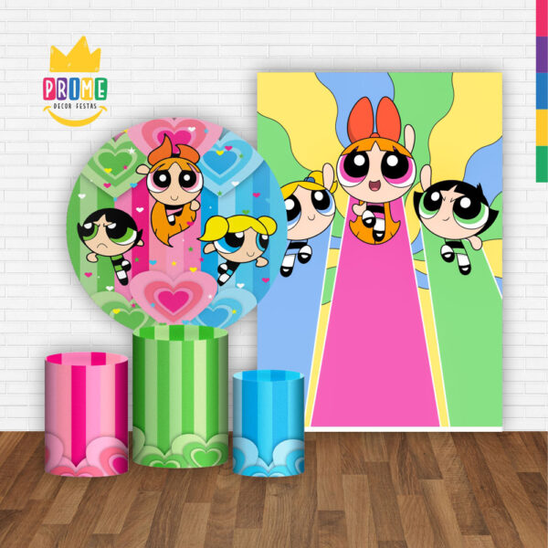 Kit Casado Meninas Super Poderosas Painel Redondo Trio Capas Cilindro Retangular Vertical Em Tecido - Image 2