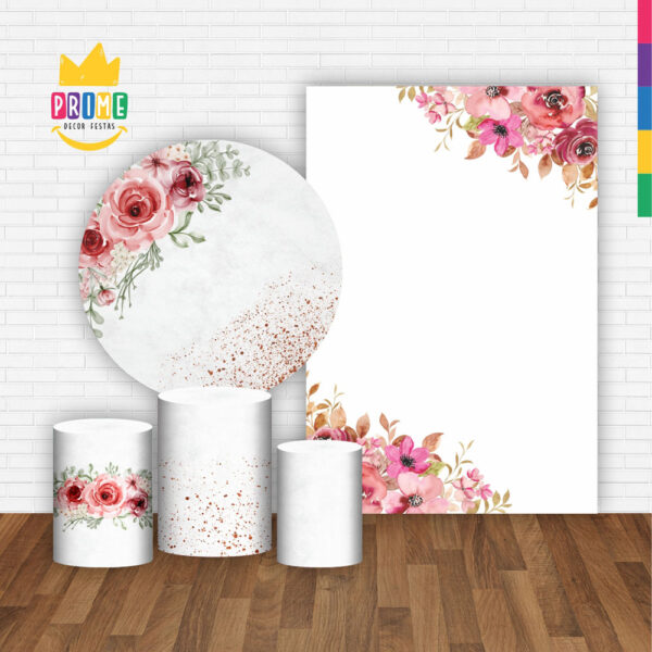 Kit Casado Floral Rosa  Painel Redondo Trio Capas Cilindro Retangular Vertical Em Tecido - Image 2