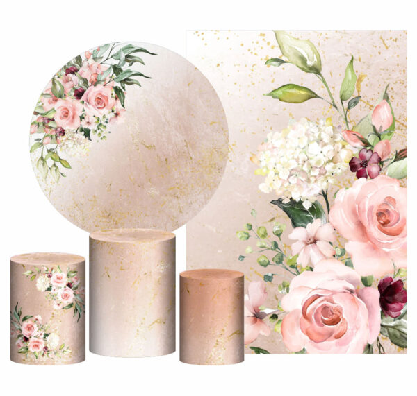 Kit Casado Floral Marmore Painel Redondo Trio Capas Cilindro Retangular Vertical Em Tecido