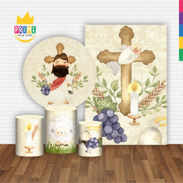 Kit Casado Jesus Aquarela Painel Redondo Trio Capas Cilindro Retangular Vertical Em Tecido - Image 2