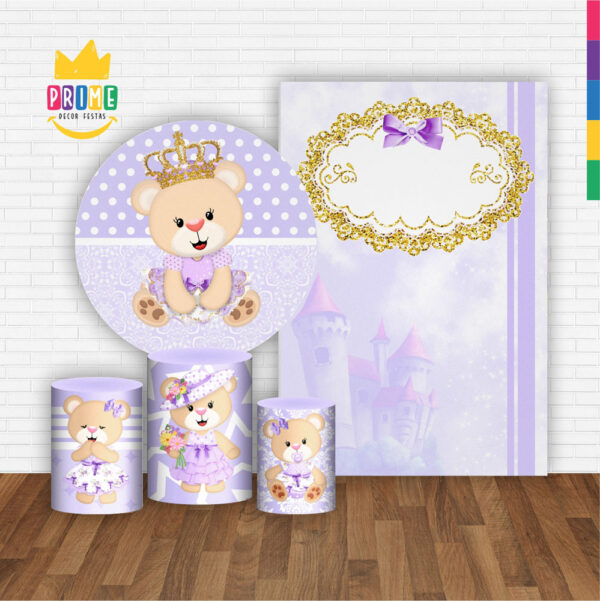Kit Casado Princesa Ursinha Painel Redondo Trio Capas Cilindro Retangular Vertical Em Tecido - Image 2