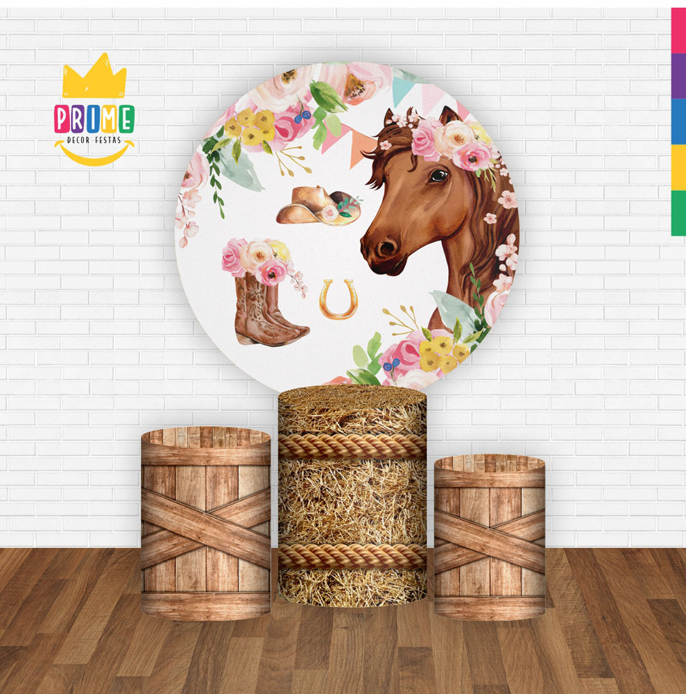 Trio Capa Cilindro + Painel Redondo 3D Cavalos Menina 1,50m Veste Fácil - Imagem 2