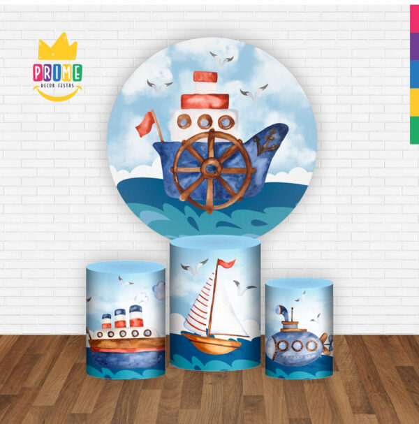 Trio Capa Cilindro + Painel Redondo 3D Marinheiro Aquarela 1,50m Veste Fácil - Image 2