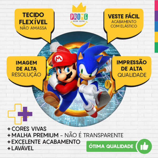 Trio Capa Cilindro + Painel Redondo 3D Sonic VS Mario 1,50m Veste Fácil - Image 3