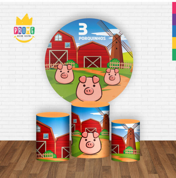 Trio Capa Cilindro + Painel Redondo 3D Três Porquinhos 1,50m Veste Fácil - Image 2