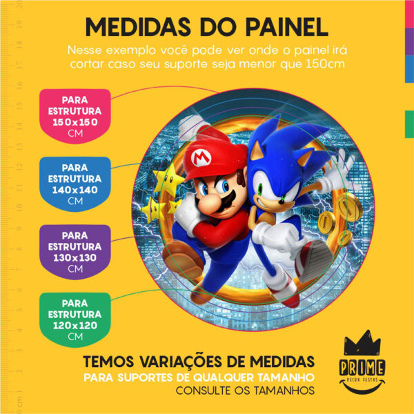 Trio Capa Cilindro + Painel Redondo 3D Sonic VS Mario 1,50m Veste Fácil - Image 4