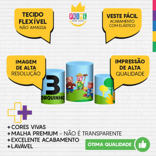 Trio Capa Cilindro Três Porquinhos 3D Em Tecido Com Elástico - Image 3