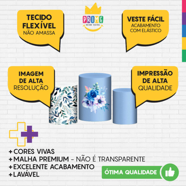 Trio Capa Cilindro Flor Azul 3D Em Tecido Com Elástico - Image 3