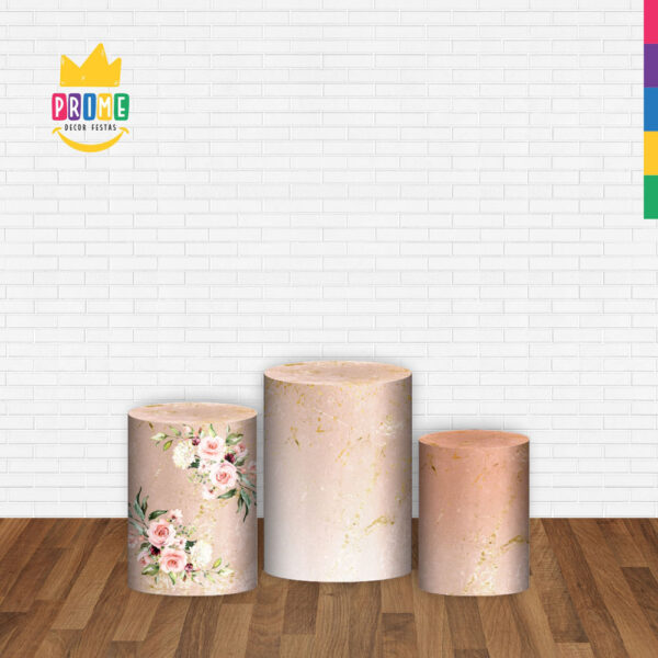 Trio Capa Cilindro Floral Mármore  3D Em Tecido Com Elástico - Image 2