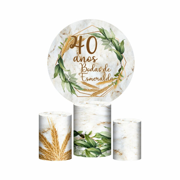 Trio Capa Cilindro + Painel Redondo 3D Bodas de Esmeralda 1,50m Veste Fácil
