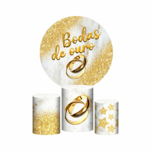 Trio Capa Cilindro + Painel Redondo Bodas de Ouro Tecido 1,50m