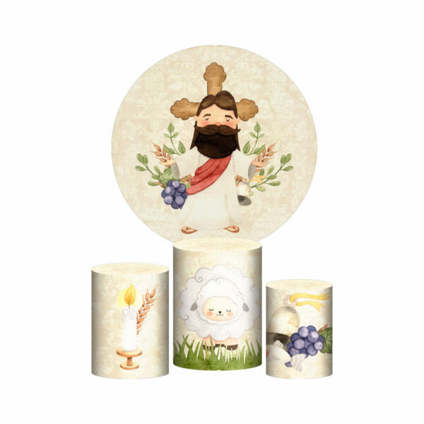 Trio Capa Cilindro + Painel Redondo 3D Jesus Aquarela 1,50m Veste Fácil