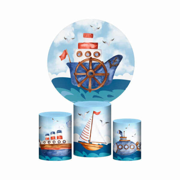 Trio Capa Cilindro + Painel Redondo 3D Marinheiro Aquarela 1,50m Veste Fácil