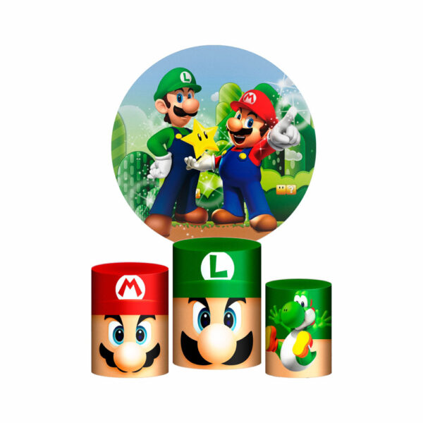 Trio Capa Cilindro + Painel Redondo 3D Super Mario Bros 1,50m Veste Fácil