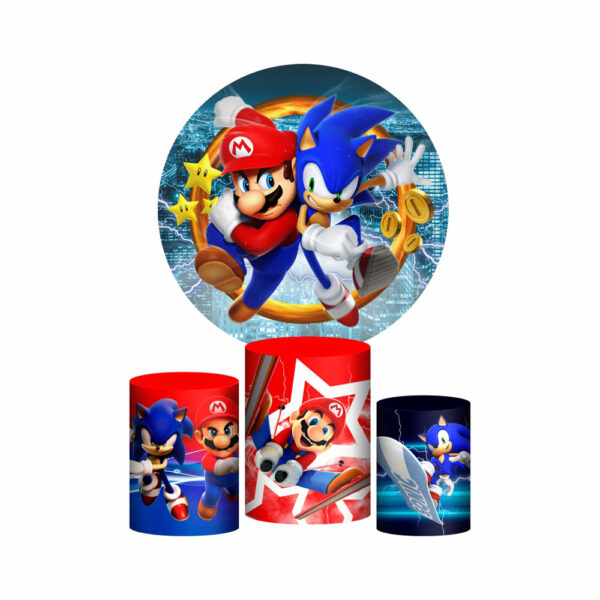 Trio Capa Cilindro + Painel Redondo 3D Sonic VS Mario 1,50m Veste Fácil