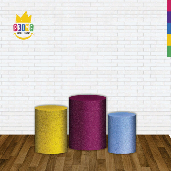 Trio Capa Cilindro Glitte Rosa - Amarelo - Azul 3D Em Tecido Com Elástico - Image 2