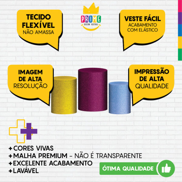Trio Capa Cilindro Glitte Rosa - Amarelo - Azul 3D Em Tecido Com Elástico - Image 3
