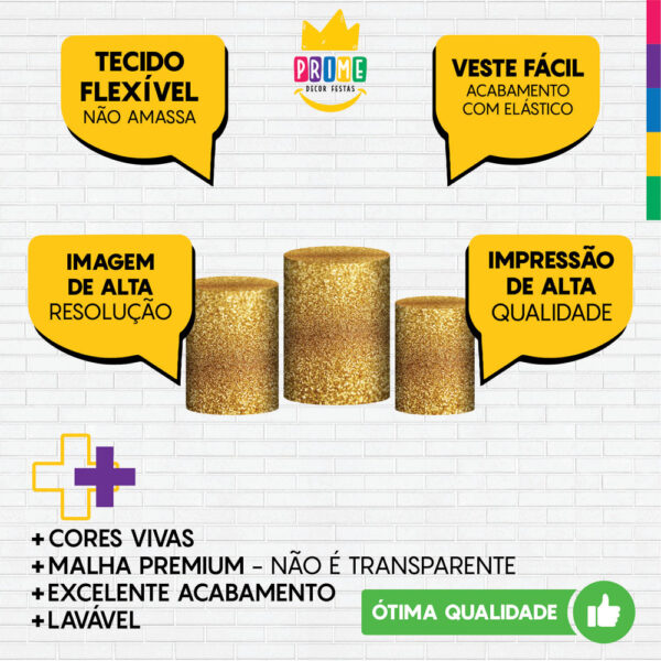 Trio Capa Cilindro Glitter Dourado 3D Em Tecido Com Elástico - Image 3