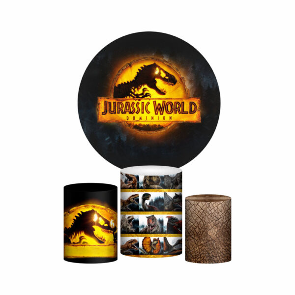 Trio Capa Cilindro + Painel Redondo 3D Jurassic World 1,50m Veste Fácil