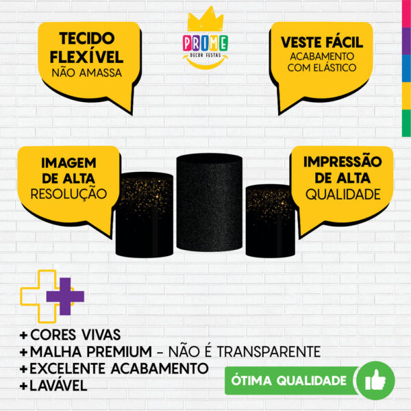Trio Capa Cilindro Glitter New Preto Dourado 3D Em Tecido Com Elástico - Image 3
