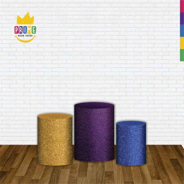 Trio Capa Cilindro Glitte Rosa - Azul - Amarelo 3D Em Tecido Com Elástico - Image 2