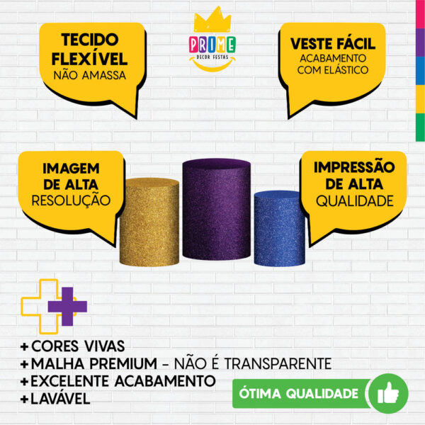 Trio Capa Cilindro Glitte Rosa - Azul - Amarelo 3D Em Tecido Com Elástico - Image 3