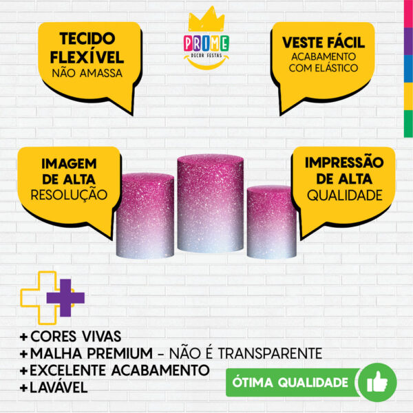 Trio Capa Cilindro Glitter New Rosa 3D Em Tecido Com Elástico - Image 3