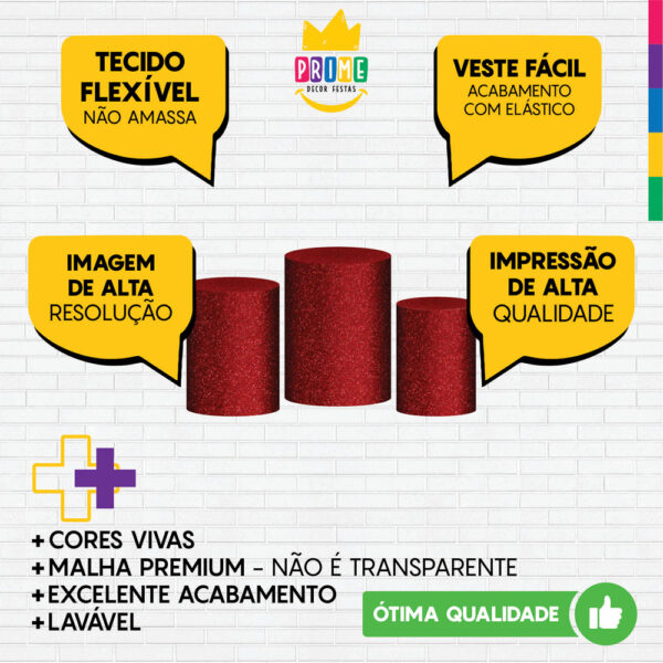 Trio Capa Cilindro Glitte Vermelho 3D Em Tecido Com Elástico - Image 3