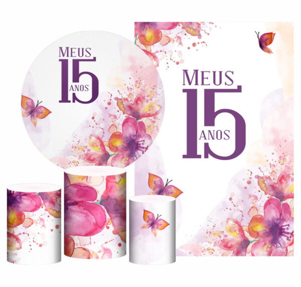 Kit Casado Meus 15 Anos Painel Redondo Trio Capas Cilindro Retangular Vertical Em Tecido