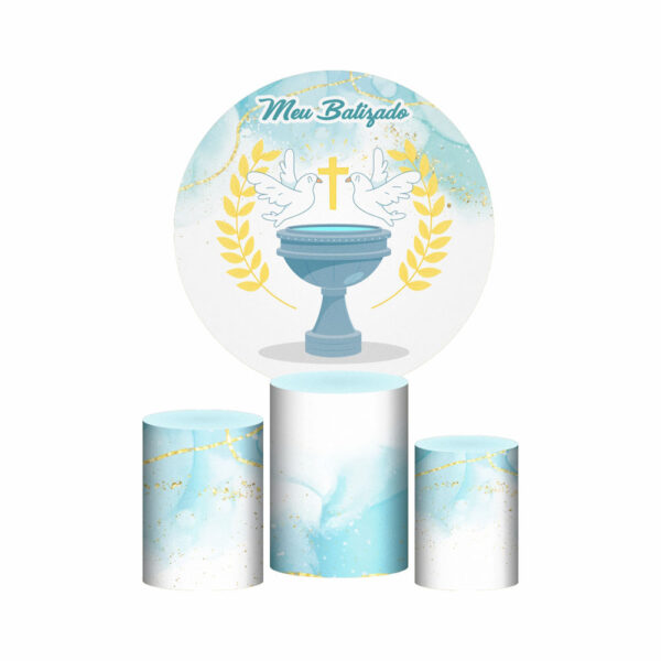 Trio Capa Cilindro + Painel Redondo 3D Meu Batizado 1,50m Veste Fácil