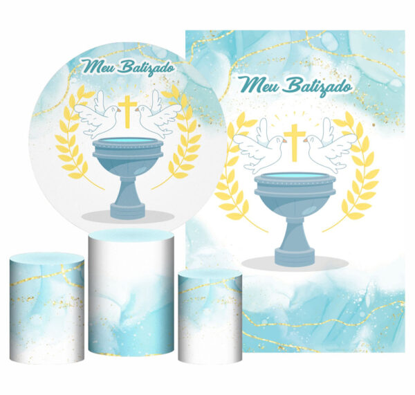 Kit Casado Meu Batizado Painel Redondo Trio Capas Cilindro Retangular Vertical Em Tecido