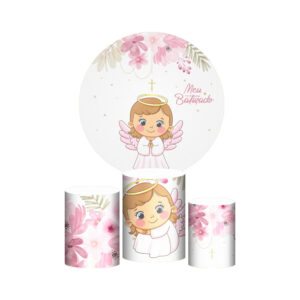 Trio Capa Cilindro + Painel Redondo 3D Meu Batizado Anjinha 1,50m Veste Fácil