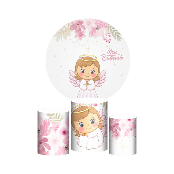 Trio Capa Cilindro + Painel Redondo 3D Meu Batizado Anjinha 1,50m Veste Fácil