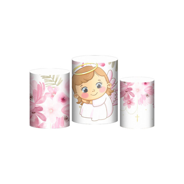 Trio Capa Cilindro Meu Batizado Anjinha 3D Em Tecido Com Elástico