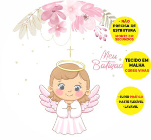 Painel Redondo 3D Meu Batizado Anjinha Abre Fácil Tecido