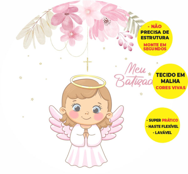 Painel Redondo 3D Meu Batizado Anjinha Abre Fácil Tecido