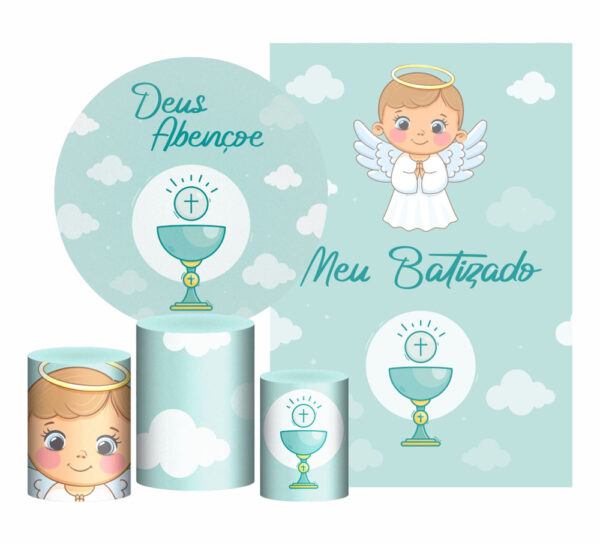 Kit Casado Meu Batizado Painel Redondo Trio Capas Cilindro Retangular Vertical Em Tecido