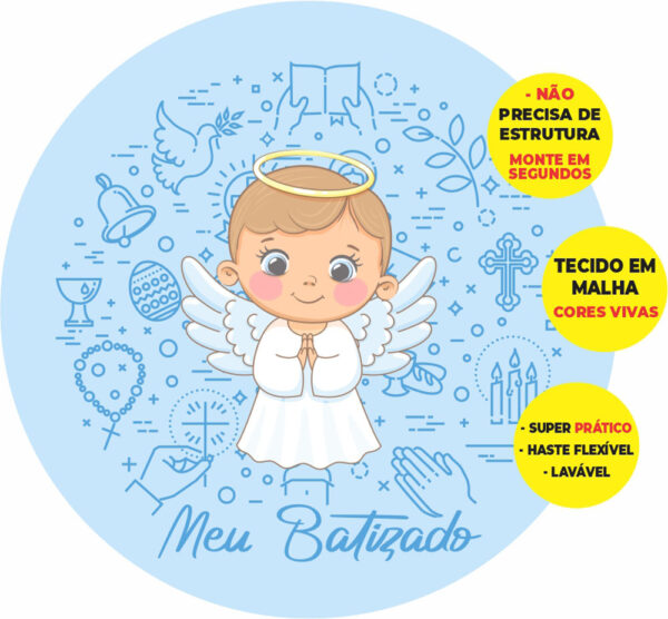 Painel Redondo 3D Meu Batizado Anjinho Abre Fácil Tecido