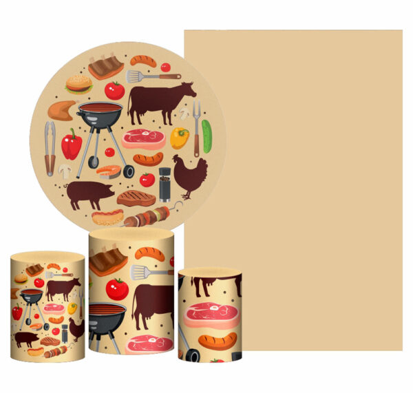 Kit Casado Churrasco Painel Redondo Trio Capas Cilindro Retangular Vertical Em Tecido