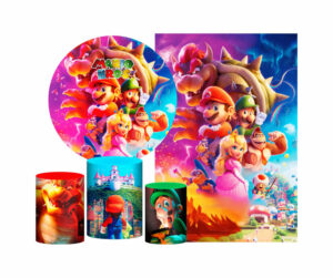 Kit Casado Super Mario Painel Redondo Trio Capas Cilindro Retangular Vertical Em Tecido