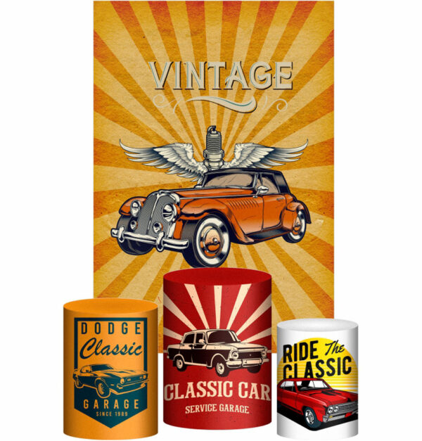 Kit Casado Carros Vintage Trio Capa Cilindro Retangular Tecido