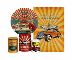 Kit Casado Carros Vintage Painel Redondo Trio Capas Cilindro Retangular Vertical Em Tecido