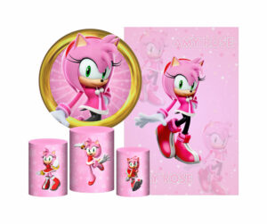 Kit Casado Sonic Amy Rose Painel Redondo Trio Capas Cilindro Retangular Vertical Em Tecido
