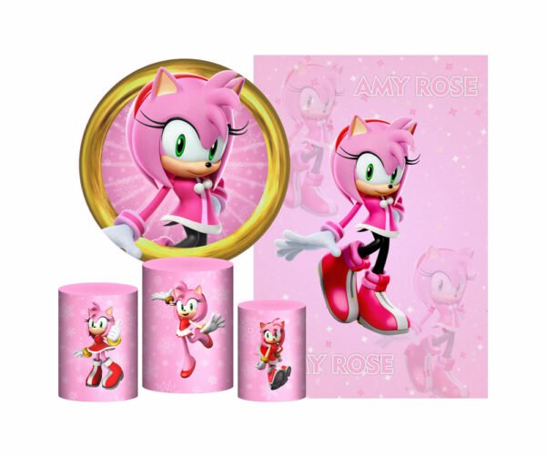 Kit Casado Sonic Amy Rose Painel Redondo Trio Capas Cilindro Retangular Vertical Em Tecido