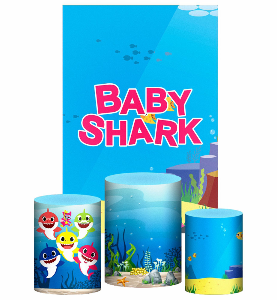 Kit Casado Baby Shark Trio Capa Cilindro Retangular Tecido