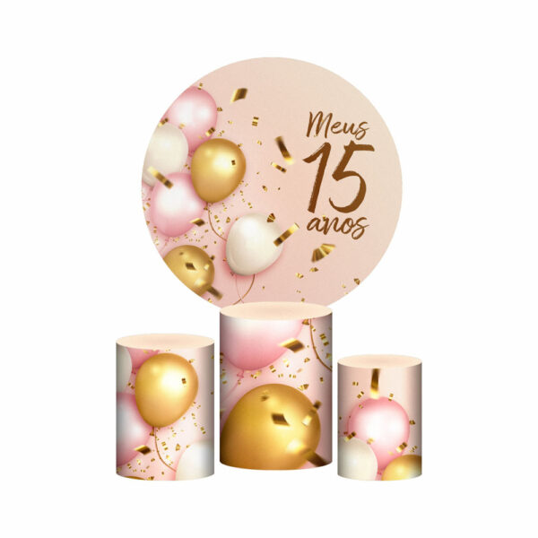 Trio Capa Cilindro + Painel Redondo 3D Meus 15 Anos 1,50m Veste Fácil
