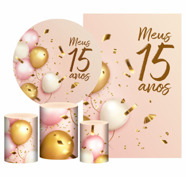 Kit Casado Meus 15 Anos Painel Redondo Trio Capas Cilindro Retangular Vertical Em Tecido