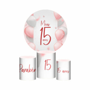 Trio Capa Cilindro + Painel Redondo 3D Meus 15 Anos 1,50m Veste Fácil