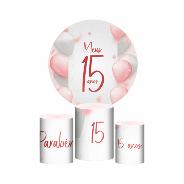 Trio Capa Cilindro + Painel Redondo 3D Meus 15 Anos 1,50m Veste Fácil