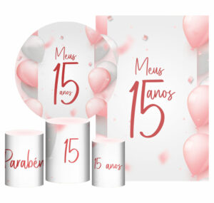 Kit Casado Meus 15 Anos Painel Redondo Trio Capas Cilindro Retangular Vertical Em Tecido